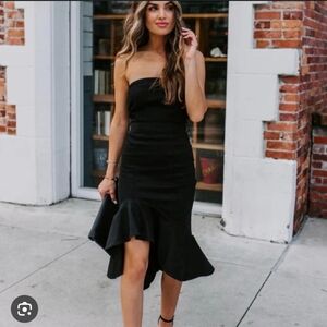 Vici Strapless Black Denim Dress with Ruffle Hem